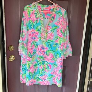 Lilly Pulitzer Dress Elenora Silk Totally Blossom Pink Pearl Embellishments XL